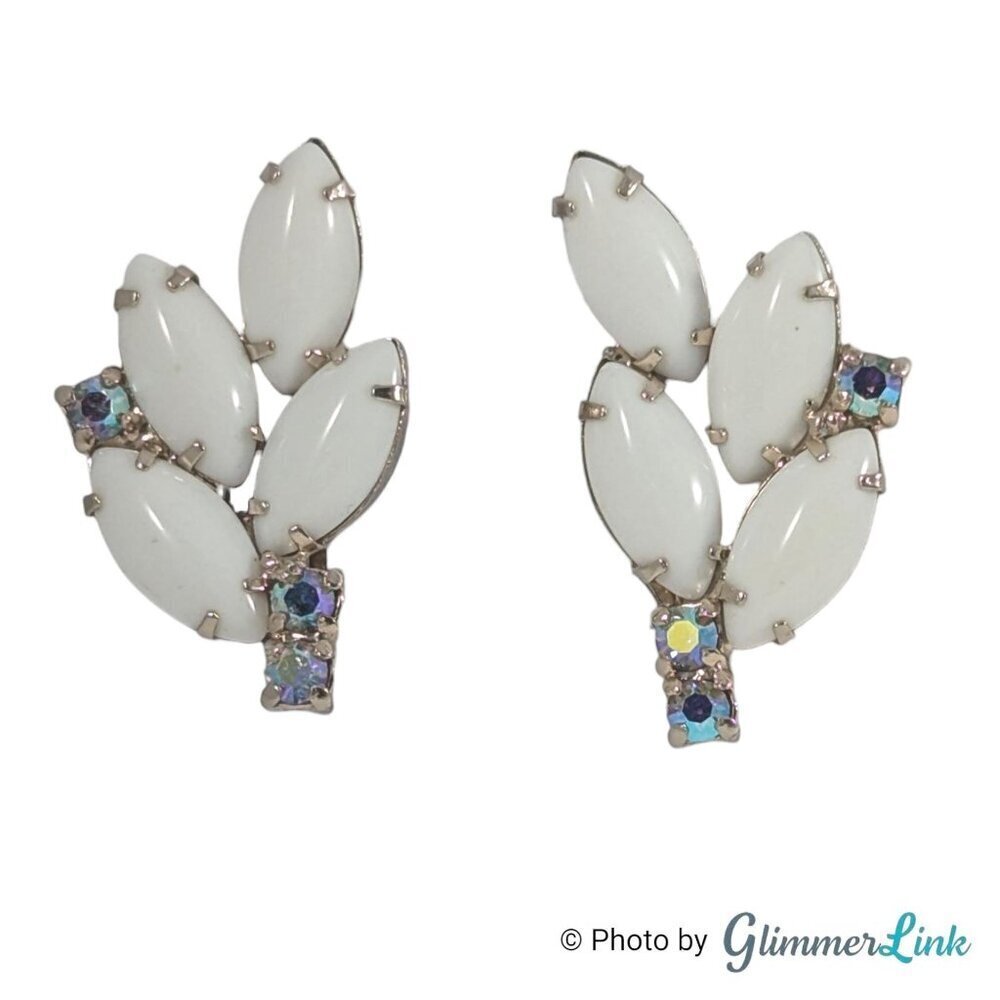 Vintage 60s Milk Glass Rhinestone Leaf Spray Gold Tone Clip On Earrings